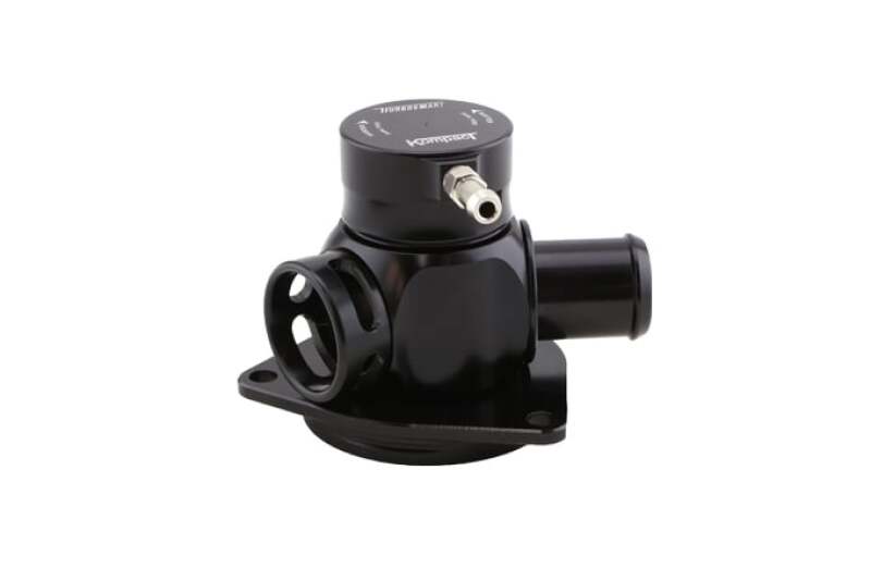 Turbosmart Kompact Dual Port BOV for Hyundai Veloster Turbo, angled view showing flange base and side ports