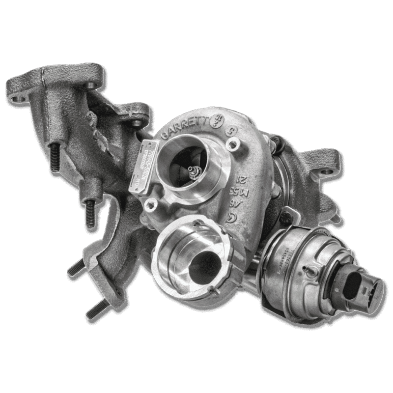 Garrett GT1749V turbo kit for VW 2.0L TDI BKD, angled view showing wastegate actuator and mounting studs