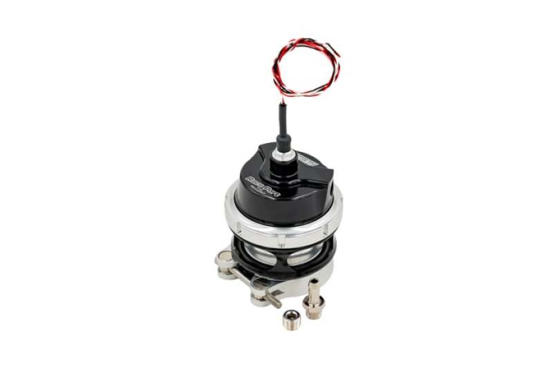 Turbosmart Raceport Gen-V blow off valve, black body with polished base and sensor wire, top angle view