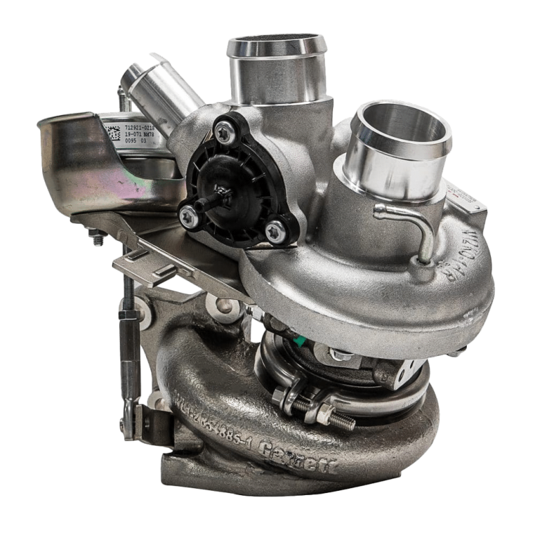 Garrett PowerMax turbocharger for 13-16 Ford F-150 3.5L EcoBoost, right side, angled view showing wastegate actuator