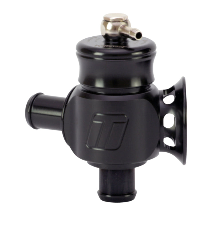 Turbosmart Kompact Dual Port 20mm BOV, side angle showing two hose barbs and flange