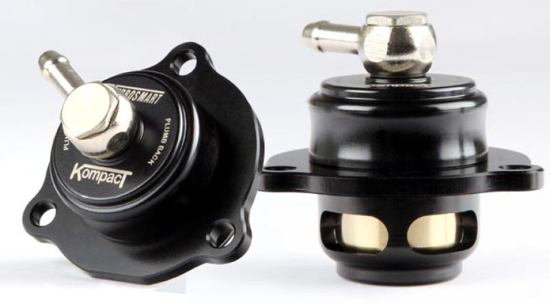 Turbosmart Kompact Shortie diverter valve, front and rear views showing hose barb and flange bolt holes
