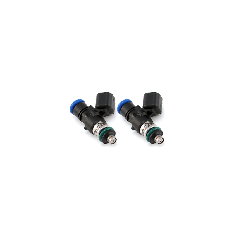 Injector Dynamics 2600-XDS fuel injectors, set of 2, blue top connectors, side view on white background