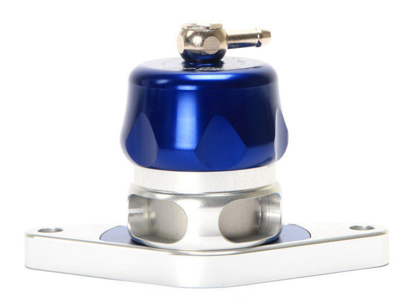 Turbosmart BOV Vee Port Pro Subaru blue blow off valve, angled view showing top fitting and oval mounting flange