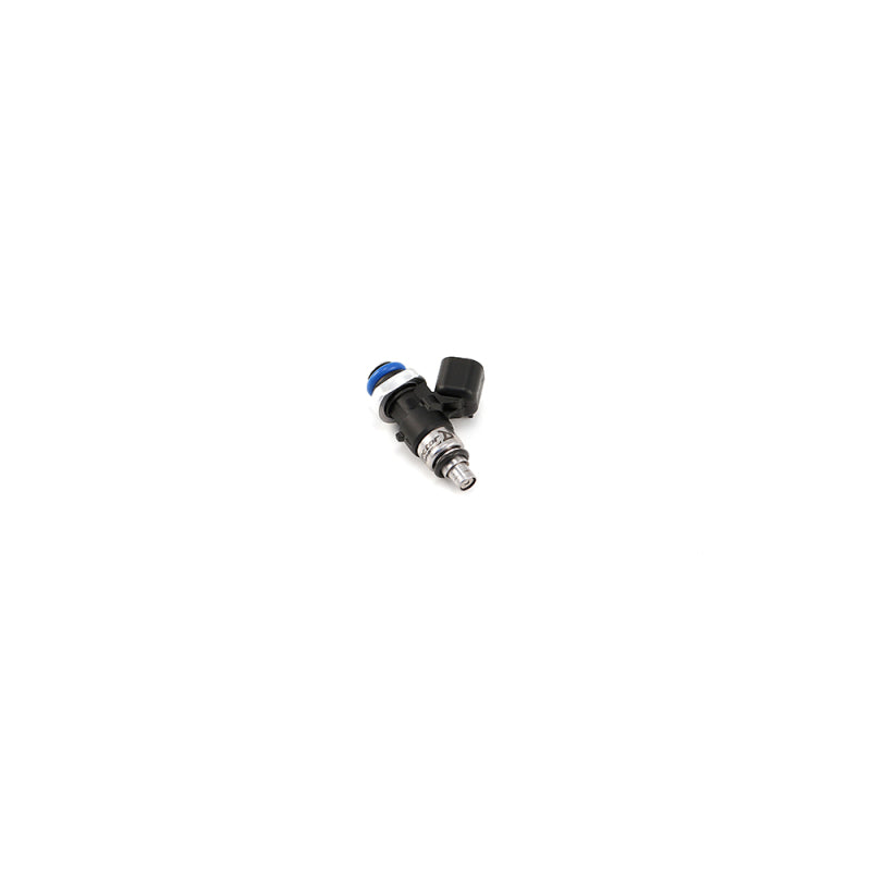 Injector Dynamics ID1300 fuel injector, side view showing blue top O-ring, electrical connector, and metal fuel inlet nozzle.