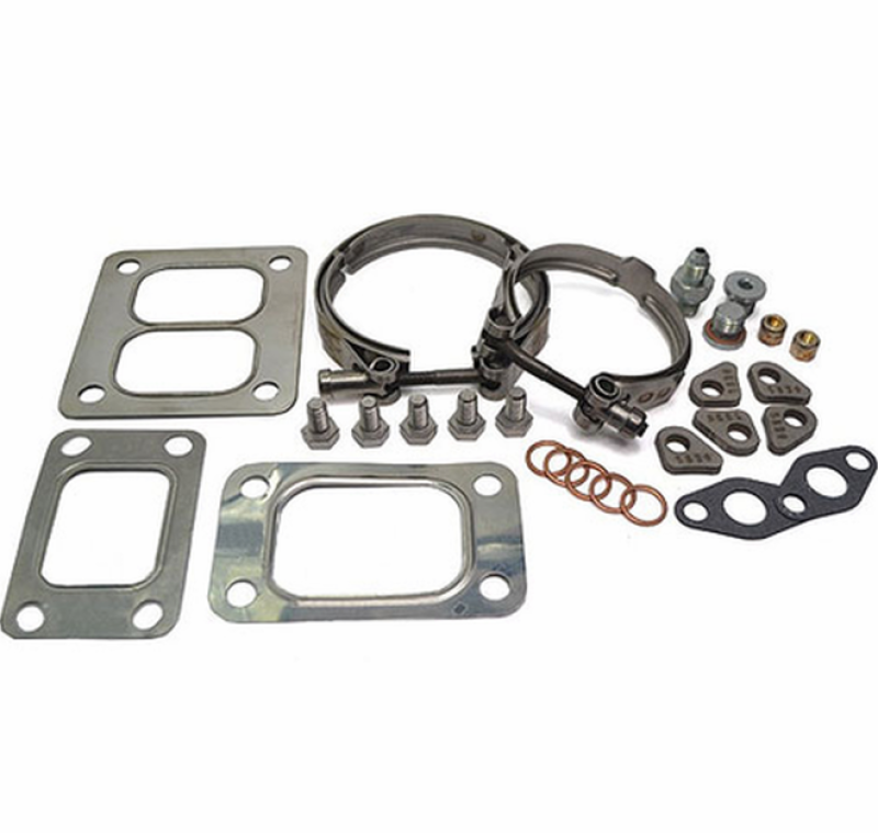BorgWarner EFR turbo hardware install kit, top down view showing V band clamps, gaskets, bolts and fittings