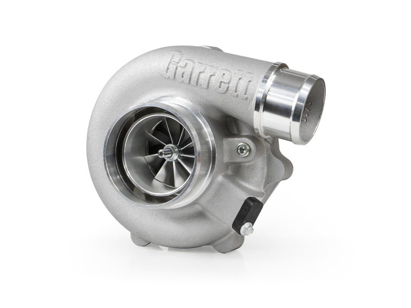 Garrett G30-725 turbocharger, front angled view showing compressor wheel, housing, and V-band inlet