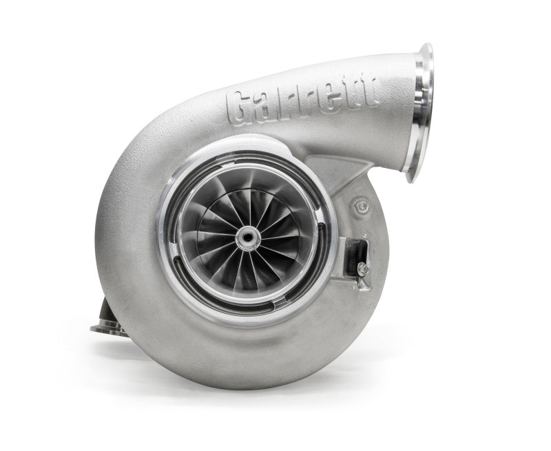 Garrett G45-1350 Super Core turbo, front angle view showing compressor wheel and cast housing