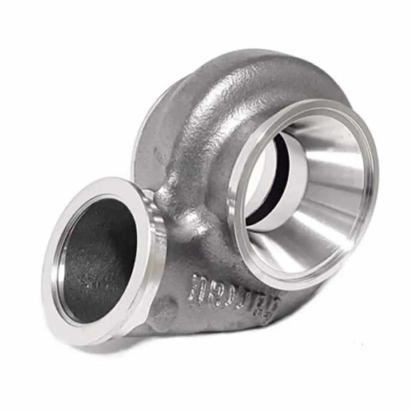 Garrett GTX3584RS turbine housing, stainless steel, V-band inlet and outlet, 1.21 A/R, angled view