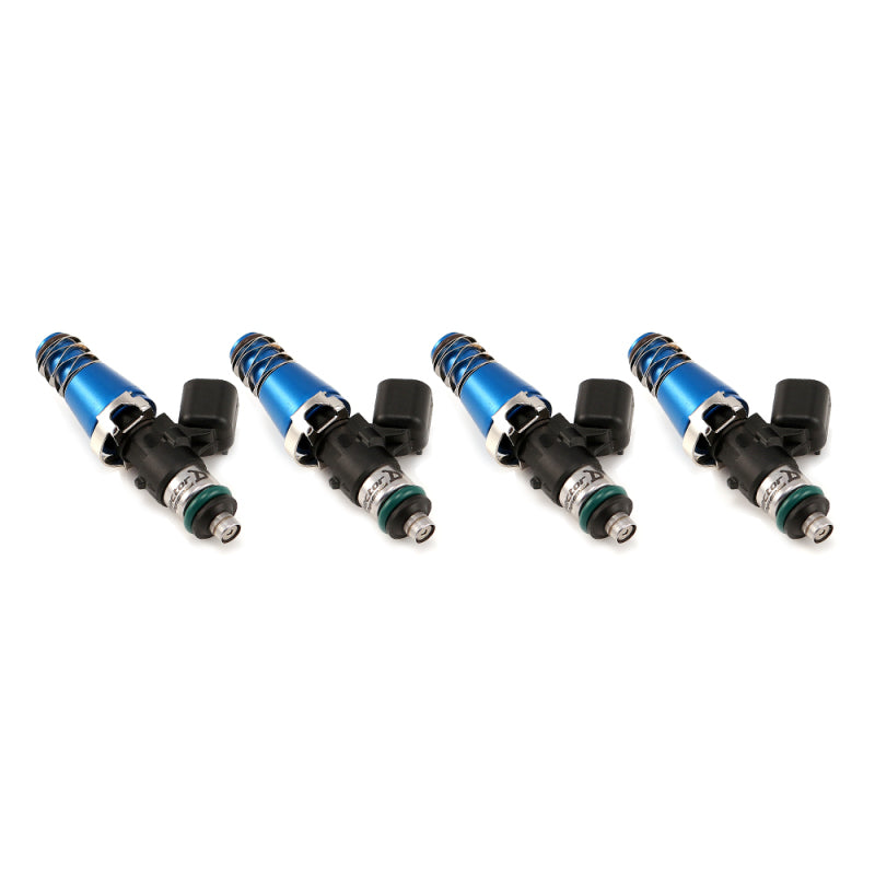 Set of four Injector Dynamics ID1050X fuel injectors, blue bodies, 11mm adaptors, black connectors, angled view