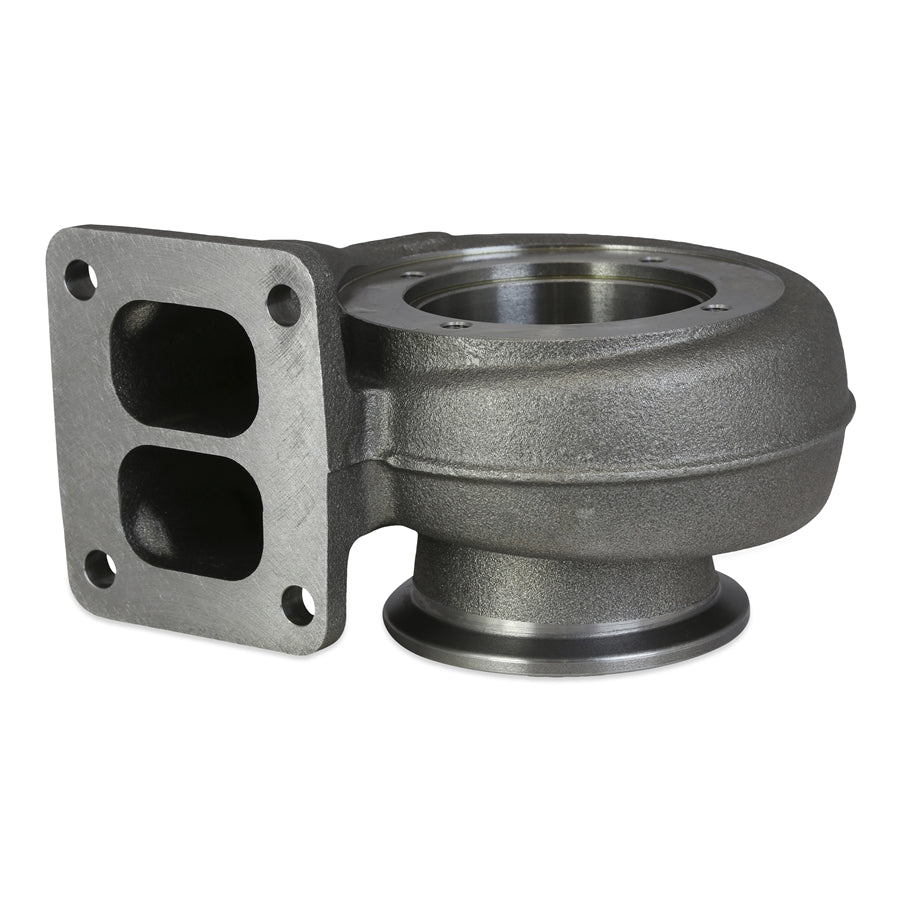 BorgWarner S200 turbine housing, 1.27 A/R, side view showing divided T4 inlet flange and V-band outlet.