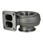 Borg Warner S200SX T4 .91 A/R twin scroll turbine housing, side angle showing divided inlet flange and V-band outlet