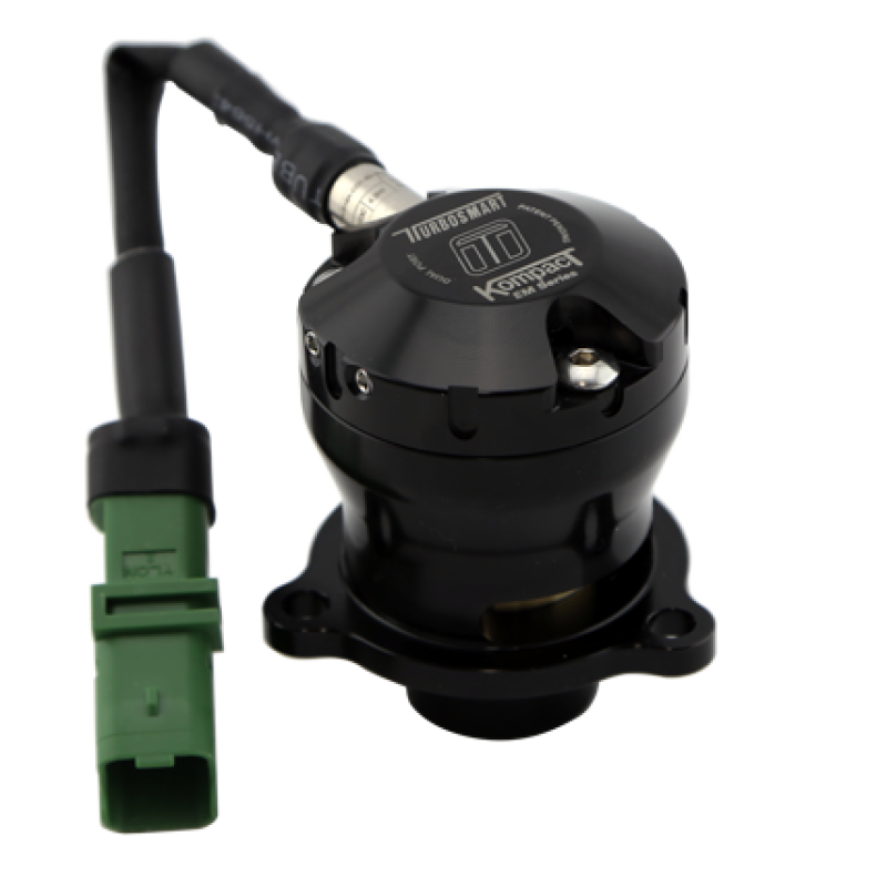 Turbosmart Kompact EM Dual Port VR10 BOV, top angle with black valve body and green connector plug
