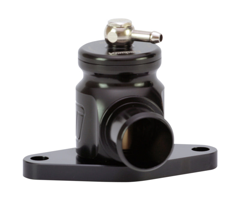 Turbosmart Kompact Plumb Back BOV for Nissan, black anodized body, side outlet flange, top fitting angle view