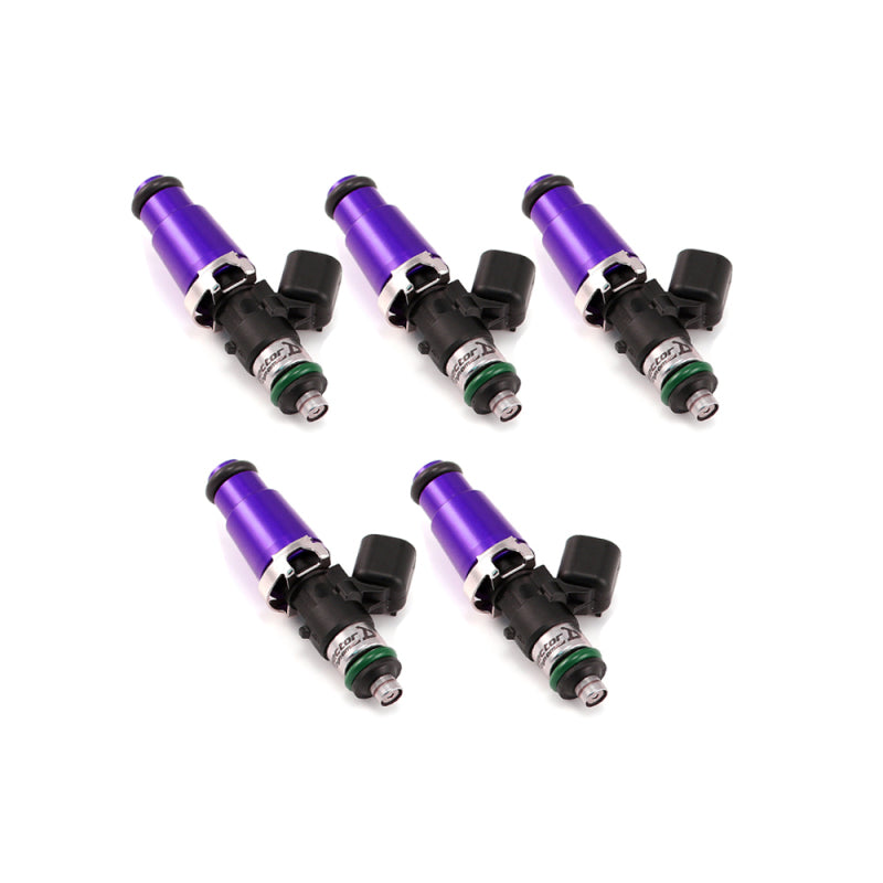 Set of five Injector Dynamics 1700cc fuel injectors, purple bodies with black connectors, top angle view.