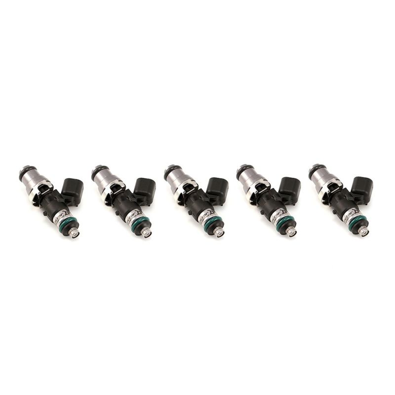 Injector Dynamics ID1300X fuel injectors, set of 5, side view showing electrical connectors and O-rings