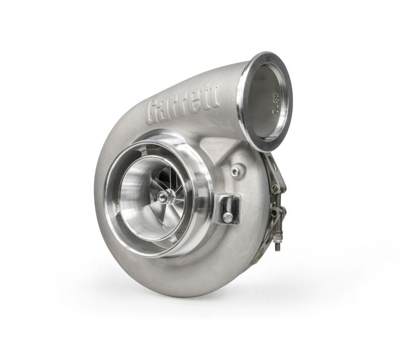 Garrett G-XRace GXR42-72 turbo, front angle showing compressor wheel, housing and V-band outlet.