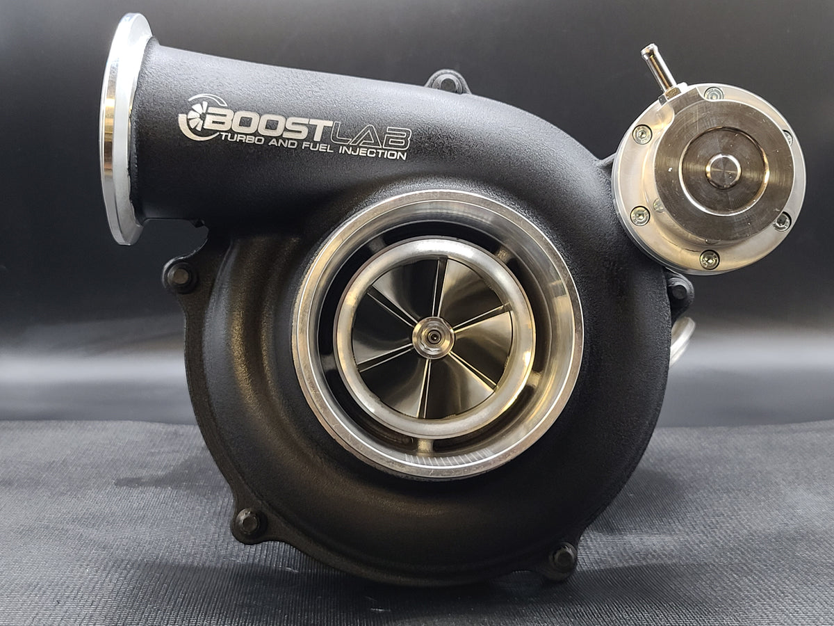 Boost Lab GTP38 66/73 turbocharger, front view showing billet compressor wheel and wastegate