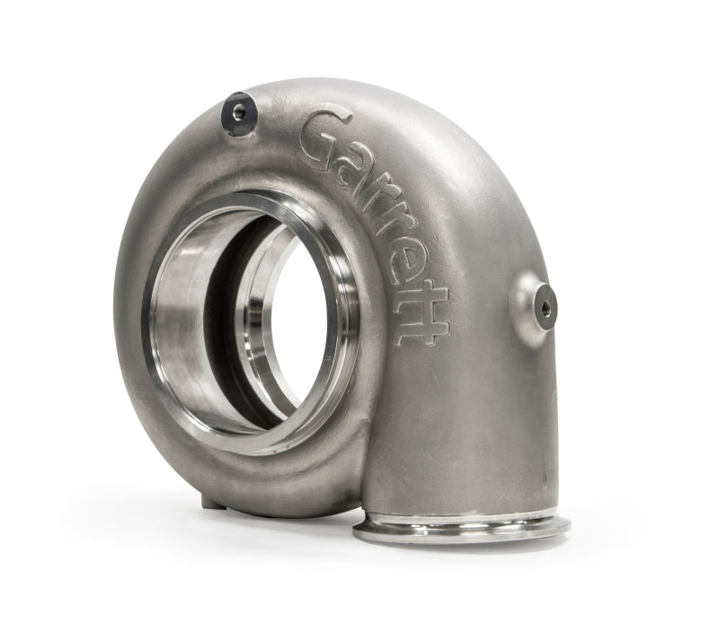 Garrett G57 turbine housing, 1.25 A/R, V-band in/out, angled view showing round inlet flange and curved outlet elbow