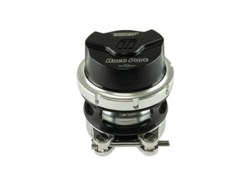 Turbosmart RacePort Gen V blow off valve, black cap, front angle showing clamp ring and mounting bolts.