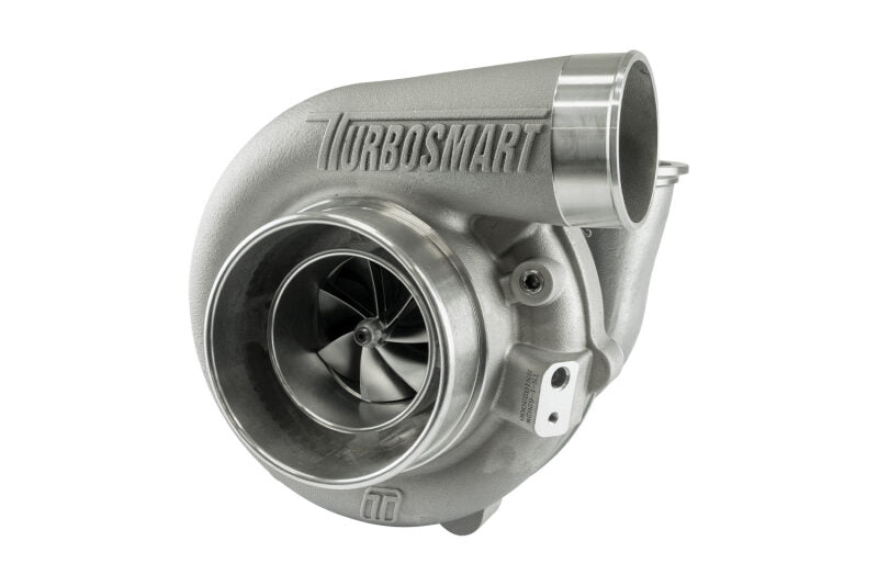 Turbosmart TS-2 6262 turbocharger, front angle view showing compressor wheel and V-band housing