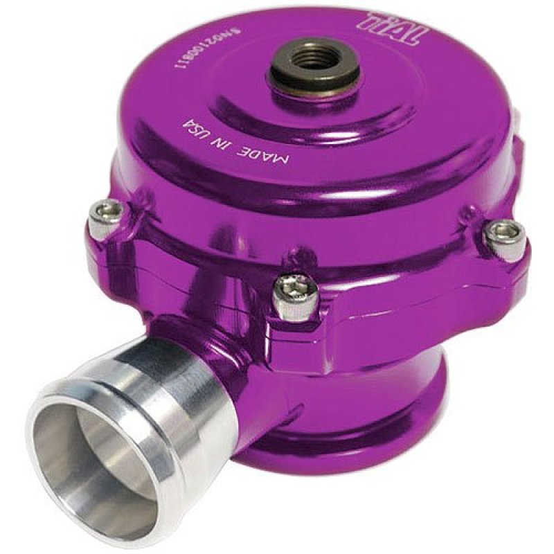 TiAL Sport QR BOV 29mm, purple anodized body with polished aluminum inlet, top port and mounting bolts visible, angled side view