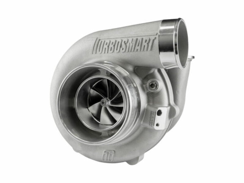 Turbosmart TS-2 6466 turbocharger, front angle view showing compressor wheel, V-band inlet and wastegate flange