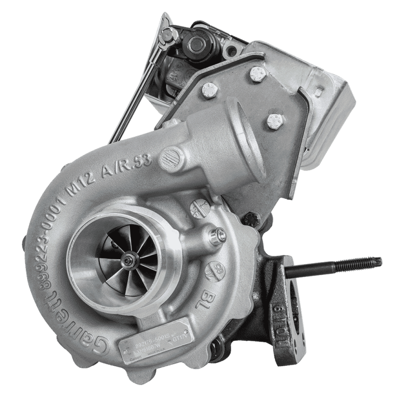 Garrett PowerMax GTB1752V turbo, side angle showing compressor wheel, actuator arm and mounting flange
