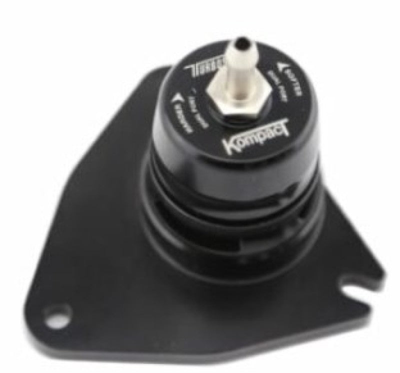 Turbosmart BOV Kompact Supersonic on black mounting bracket, top angled view showing hex fitting and vent