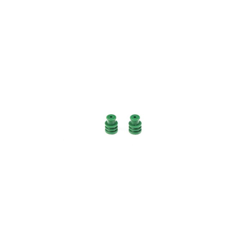 Two green Injector Dynamics USCAR seals for 20-22 gauge wire, ribbed rubber grommets, front view