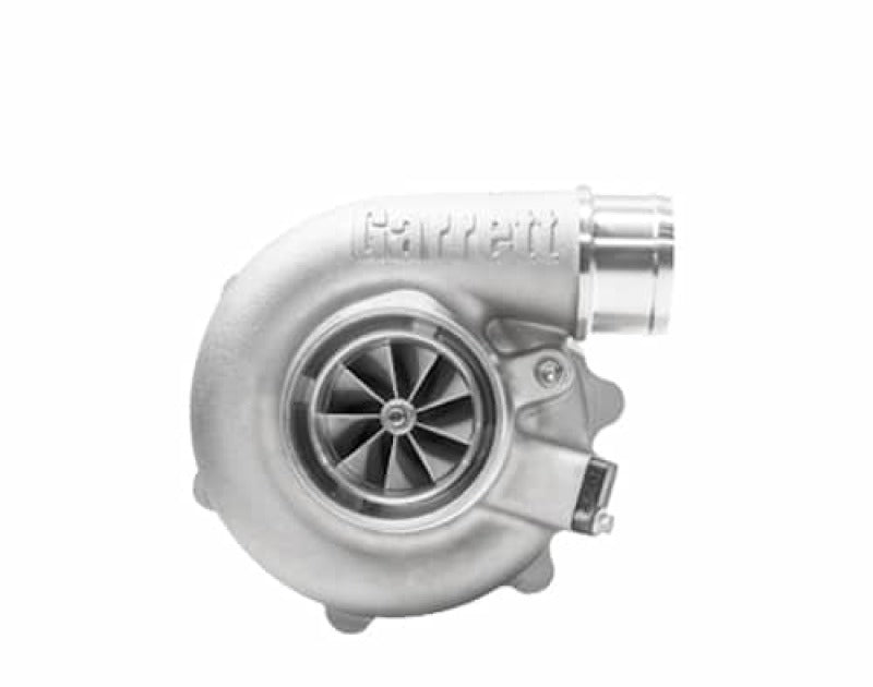 Garrett G25-550 turbocharger, front angle view showing compressor wheel, V-band inlet and outlet, wastegate