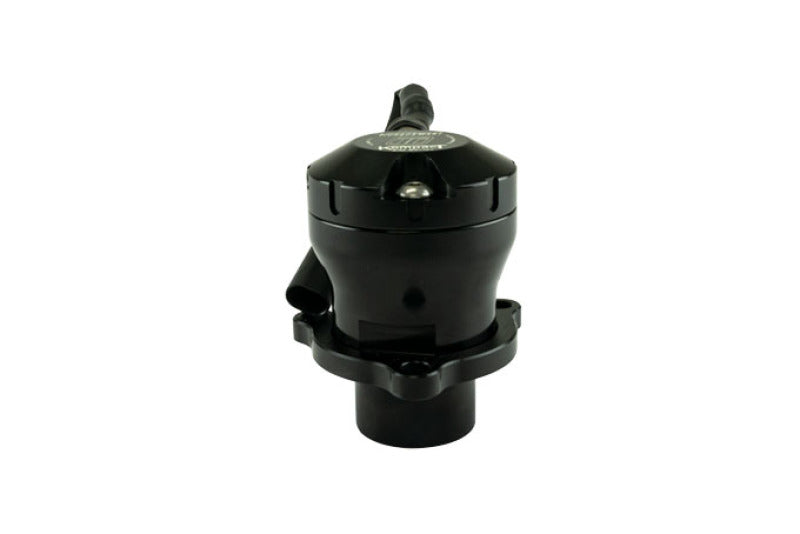 Turbosmart EM Kompact BOV Plumb Back VR18, front angled view showing top vacuum port and base flange