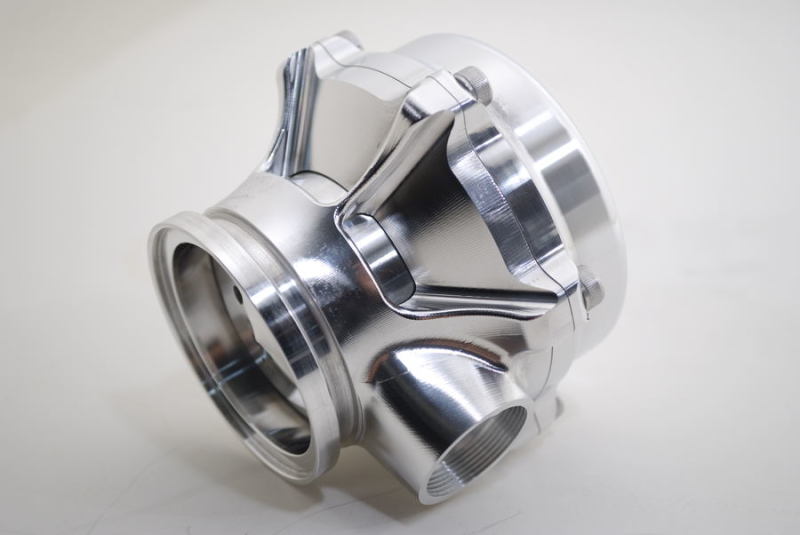 Silver TiAL Sport QR BOV, 34mm, angled view showing inlet flange and side outlet ports