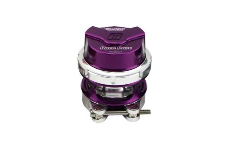 Turbosmart BOV Race Port Gen-V purple blow-off valve, front angled view showing top cap and base flange