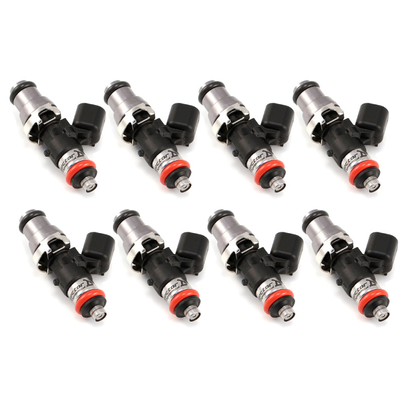 Set of eight Injector Dynamics 1340cc fuel injectors, side view showing grey tops and orange low O-rings.