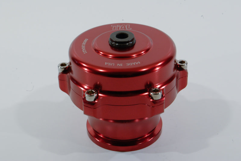 TiAL Sport QR BOV 34mm in red, front angle view showing top cap, clamp bolts, and outlet flange