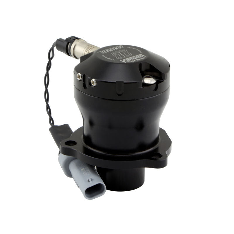 Turbosmart BOV Kompact EM re-circ valve, black body, side view with electrical connector and mounting flange