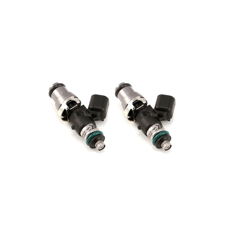 Pair of Injector Dynamics ID1700 08 Outlander ATV Injectors, side view showing electrical connectors and O-rings