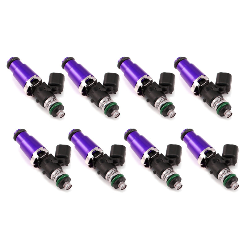Injector Dynamics ID1050X fuel injectors, purple, set of 8, 14mm adaptors, front angled view showing connectors and O-rings