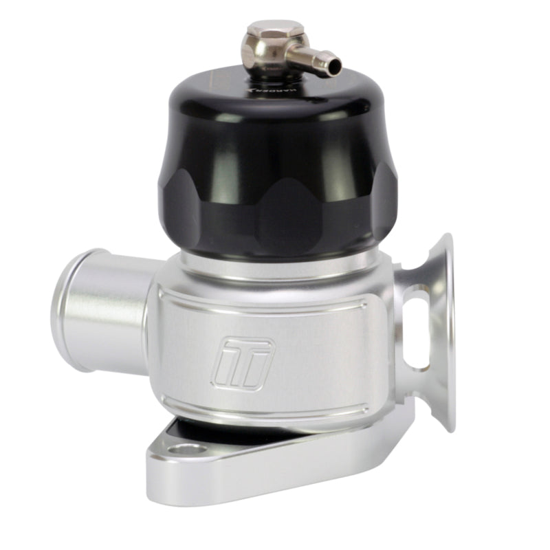 Turbosmart Dual Port BOV Nissan, black cap, silver body, side angle showing inlet, outlet and mounting flange