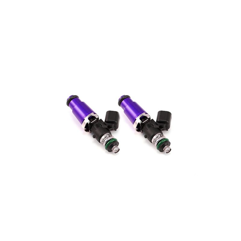 Injector Dynamics ID1050X fuel injectors, pair, purple anodized tops, black bodies, angled view