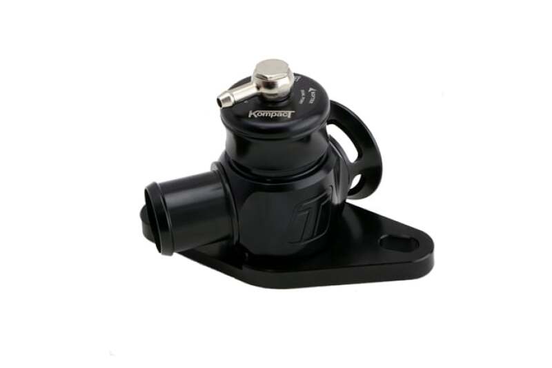 Turbosmart Kompact Dual Port BOV, angled view showing inlet, vent nipple and mounting flange, black finish