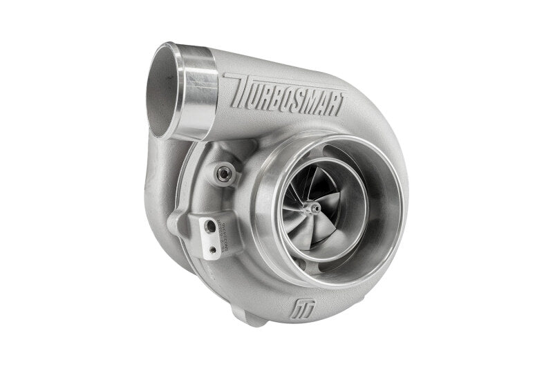 Turbosmart TS-2 6262 turbocharger, front angled view showing compressor wheel, V-band inlet and cast housing