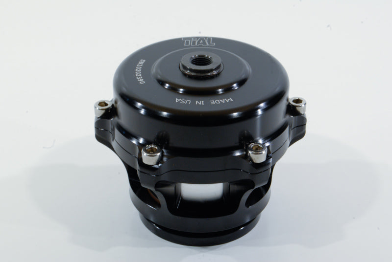 TiAL Sport Q BOV in black, front view showing top cap, hex bolts, and open bottom flange with 12 PSI spring.