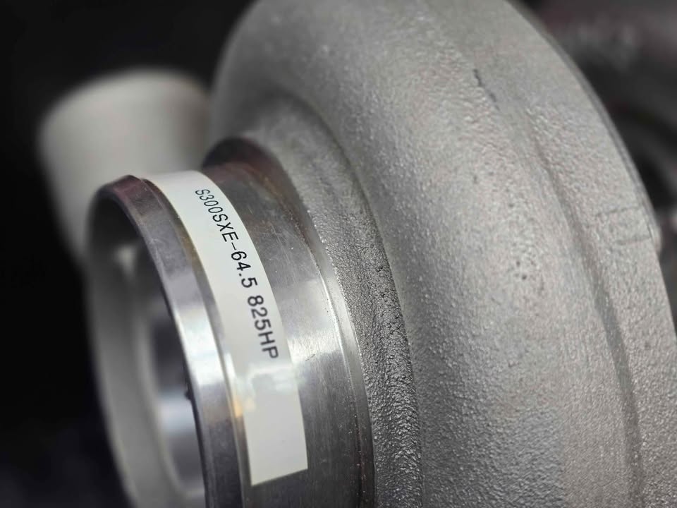 BW S364.5 SXE turbo with Tial housing, close up of compressor inlet showing S300SXE 64.5 825HP label