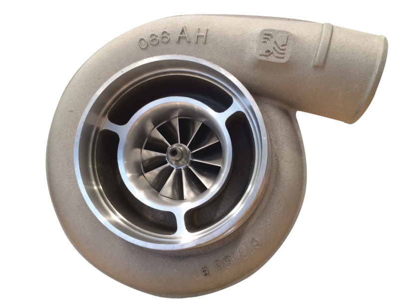 BorgWarner S400 SX turbocharger, front view showing compressor wheel and cast housing with T6 outlet elbow