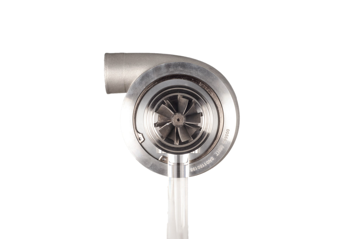 Xona XR 4951S X2C turbo, front view showing compressor wheel, housing and curved inlet pipe