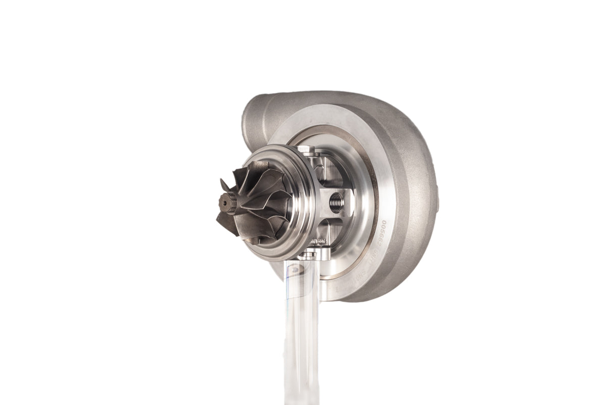 Xona XR 4951S X2C compressor wheel and housing, front angle showing billet blades and shaft
