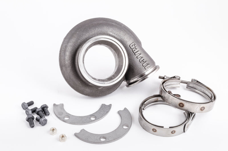 Garrett GT35R turbine housing kit, 0.83 A/R Ni-Resist, with V-band clamps, bolts, and gasket plates.