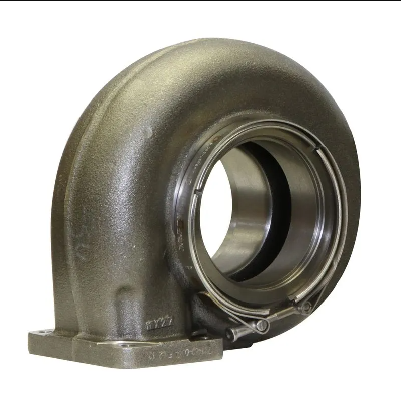 Garrett GT47 turbine housing kit, 1.23 A/R, angled view showing round inlet flange and mounting foot